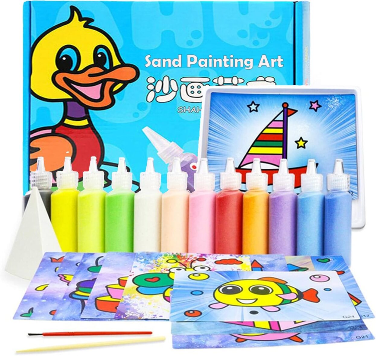 مجموعة الرسم بالرمل للأطفال من كايسينسوك – 24 ورقة + 12 زجاجة رمل ملون